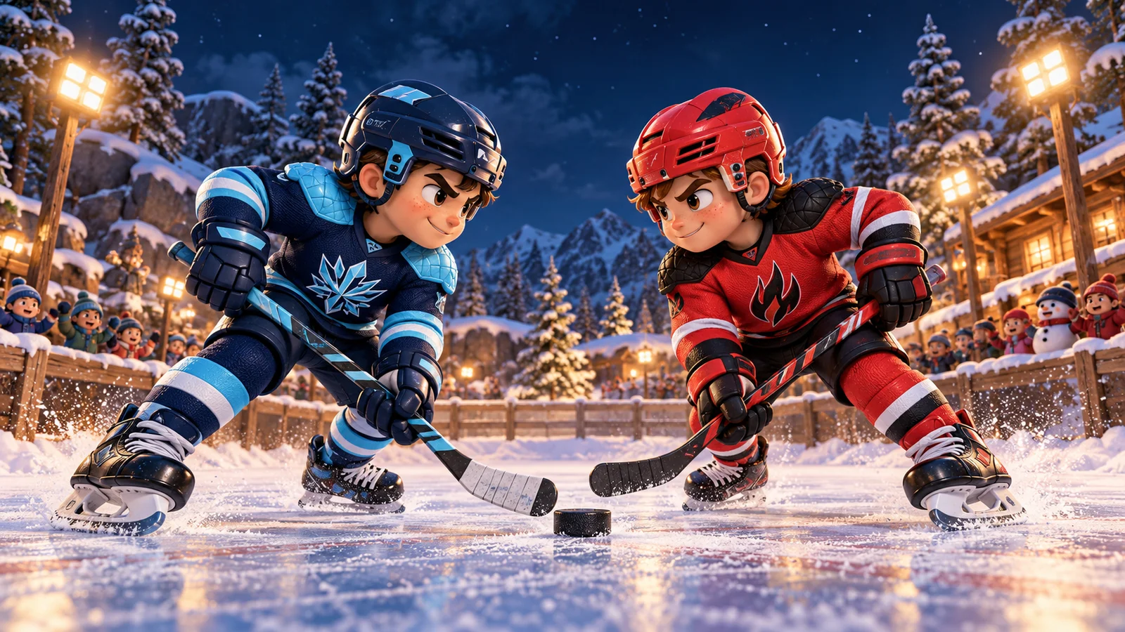 Two fictional skaters in glacier blue and coral red face off on a snowy outdoor hockey rink.