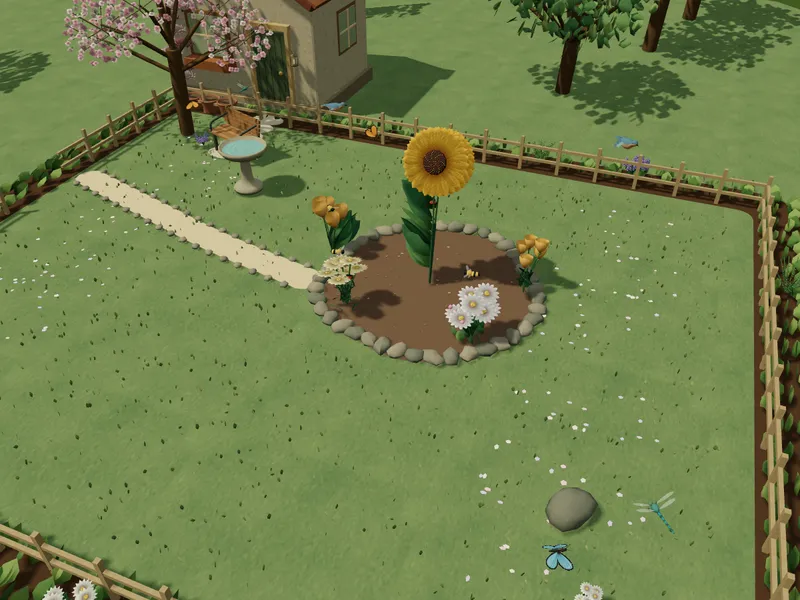 A flowering garden with a winding path