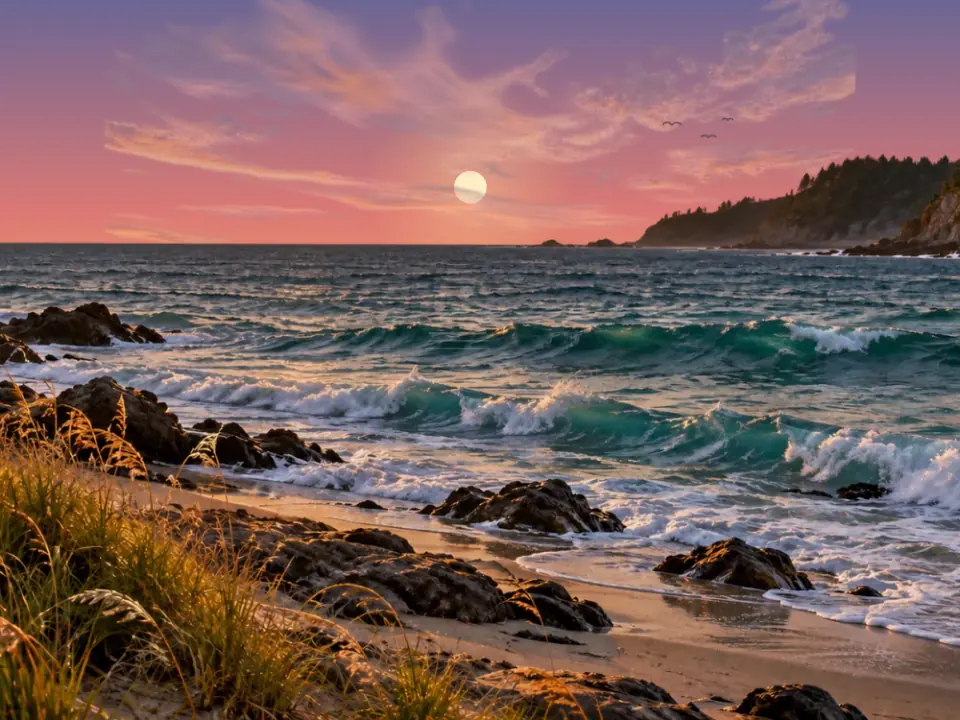 Golden sunset over a Pacific cove with gentle turquoise waves