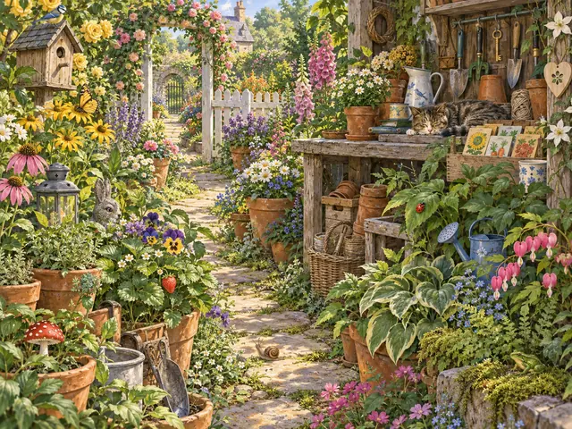 An I Spy secret garden with little treasures hidden among flowers, pots and garden tools.