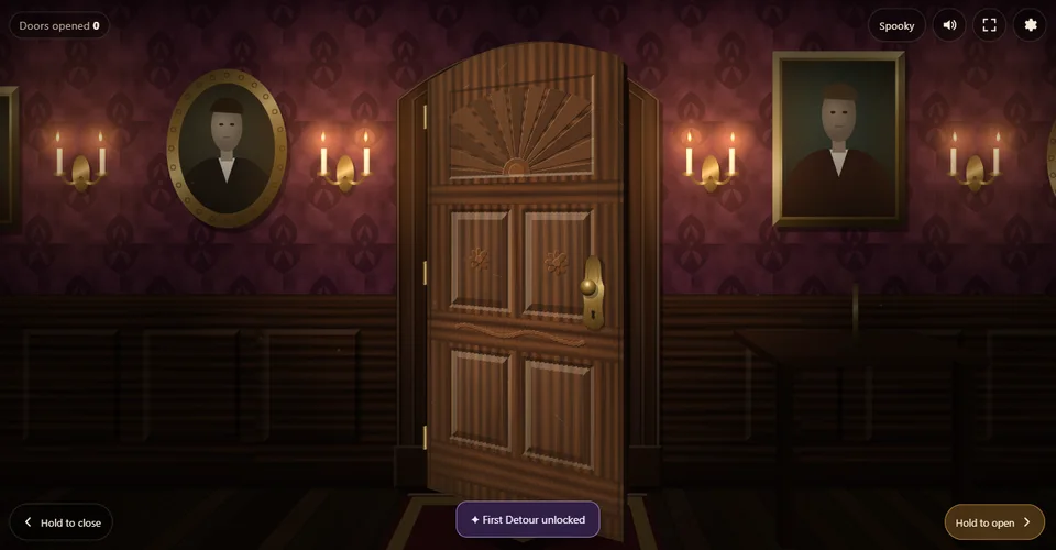 A partly opened carved wooden door in Jump Scare Doors before the surprise appears.