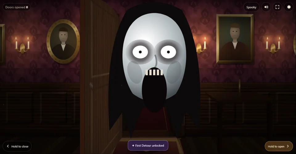A pale cartoon face lunges in front of an open carved wooden door in a candlelit hallway.