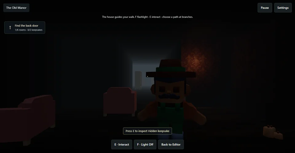 The first-person view inside a haunted house walkthrough, with dim rooms and atmospheric lighting.