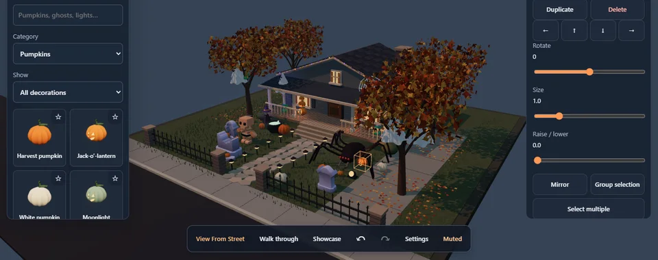 A pumpkin decoration being arranged in the lawn of a Halloween property.