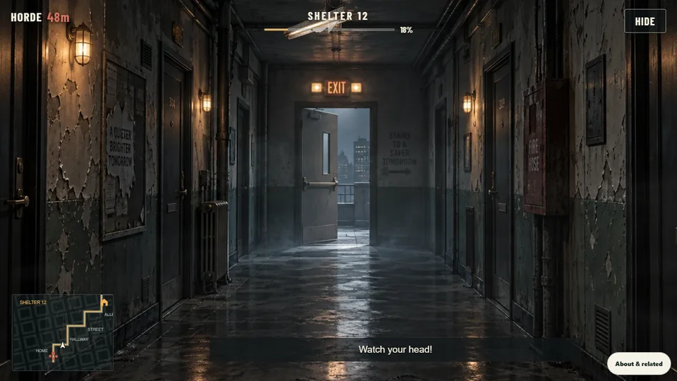A Zombie Escape story scene with the player's movement cue and progress toward Shelter 12.