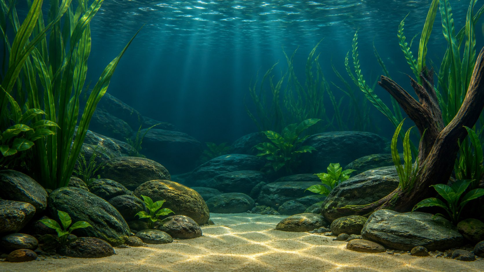 Deep planted freshwater aquarium with rocks, sand and open swim lanes for animated fish