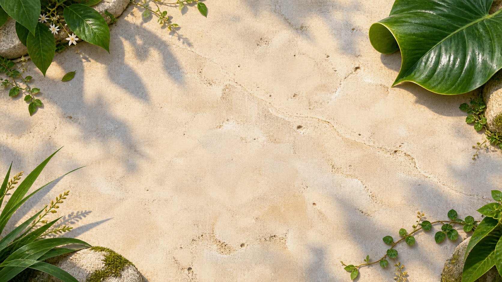 Pale garden stone surface with leaves around the edges and open space for animated bugs