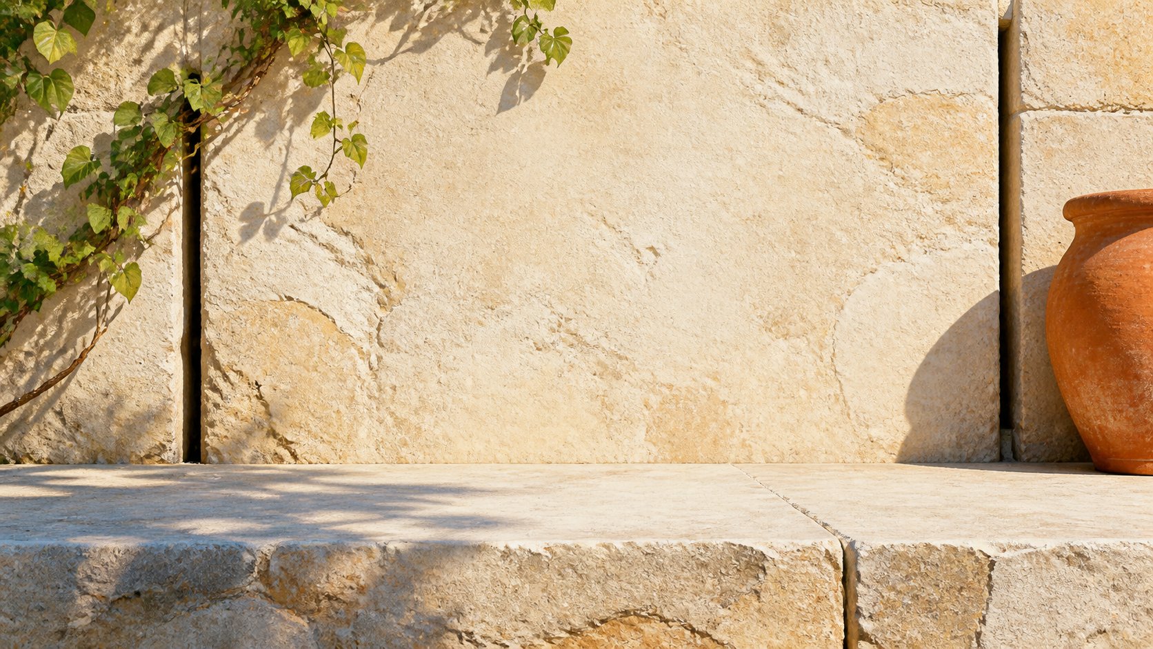 Sunlit pale stone wall with ivy, hiding cracks and a terracotta pot for an animated gecko scene