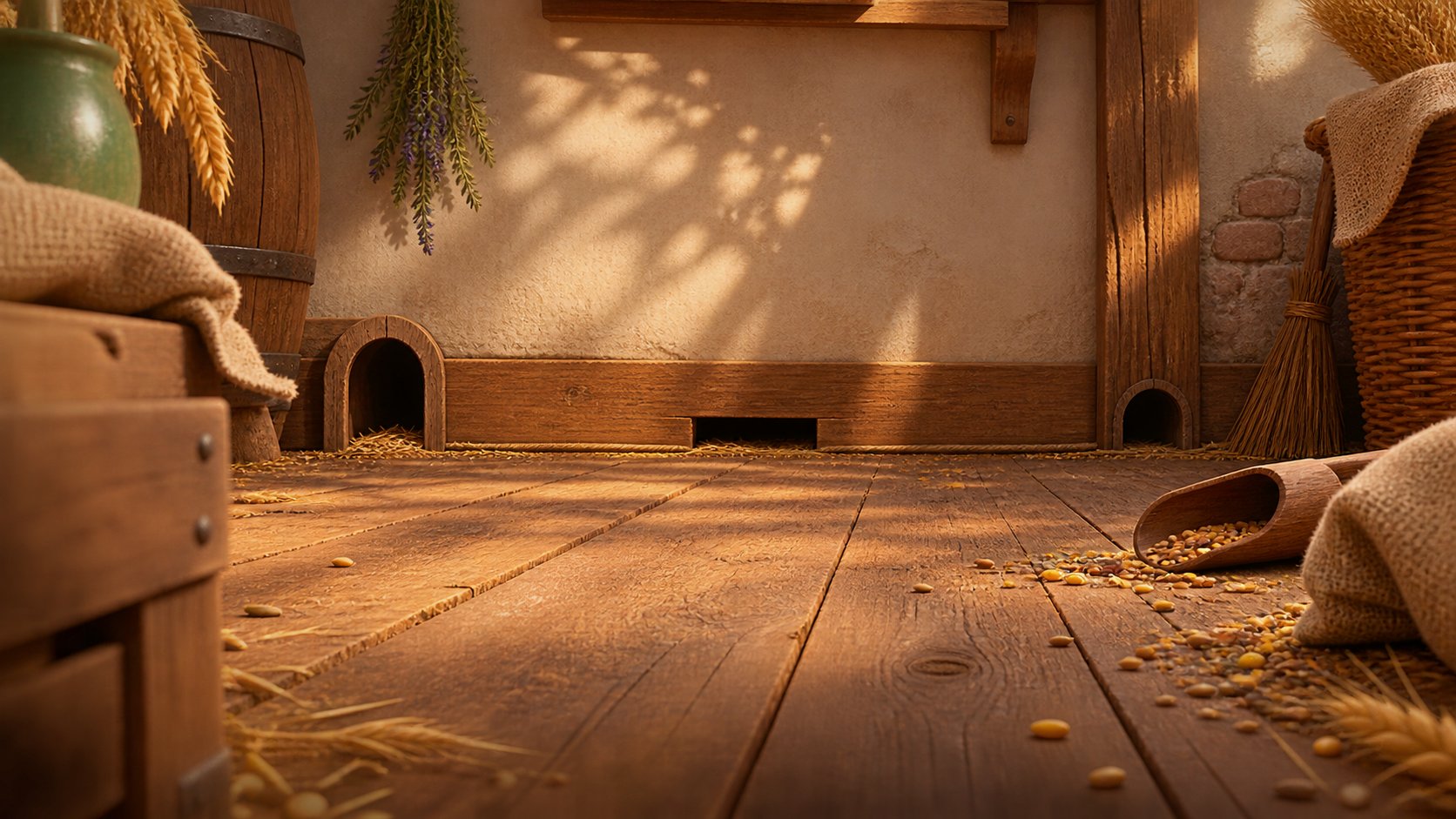 Dim wooden farmhouse floor where an animated red laser dot darts and hides