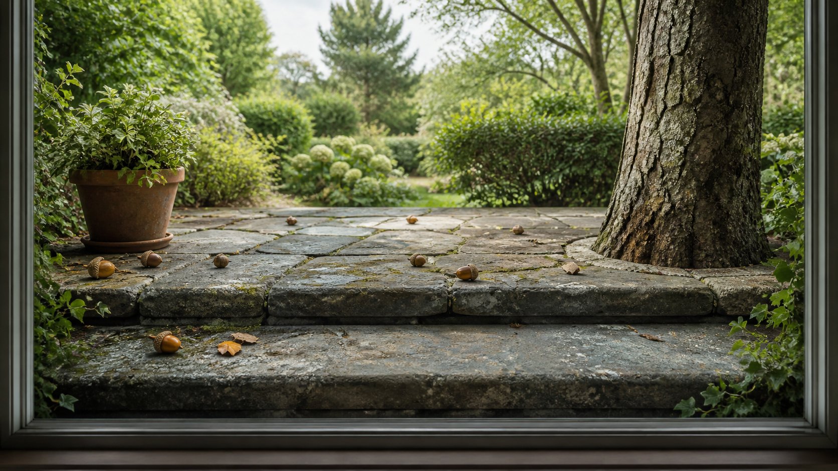 Garden patio with flagstones, acorns, a tree trunk and open space for animated squirrels