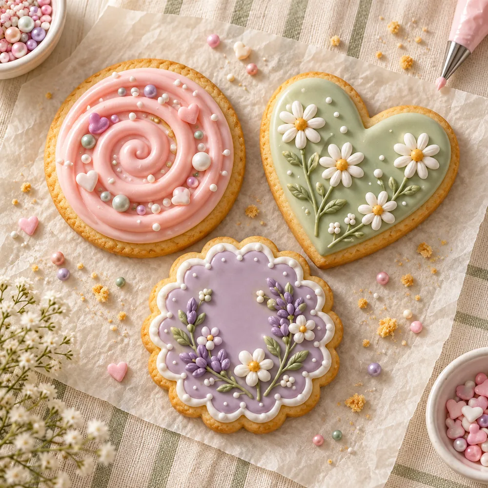 Beautiful sugar cookies with pink spiral frosting, sage daisies and lavender flowers